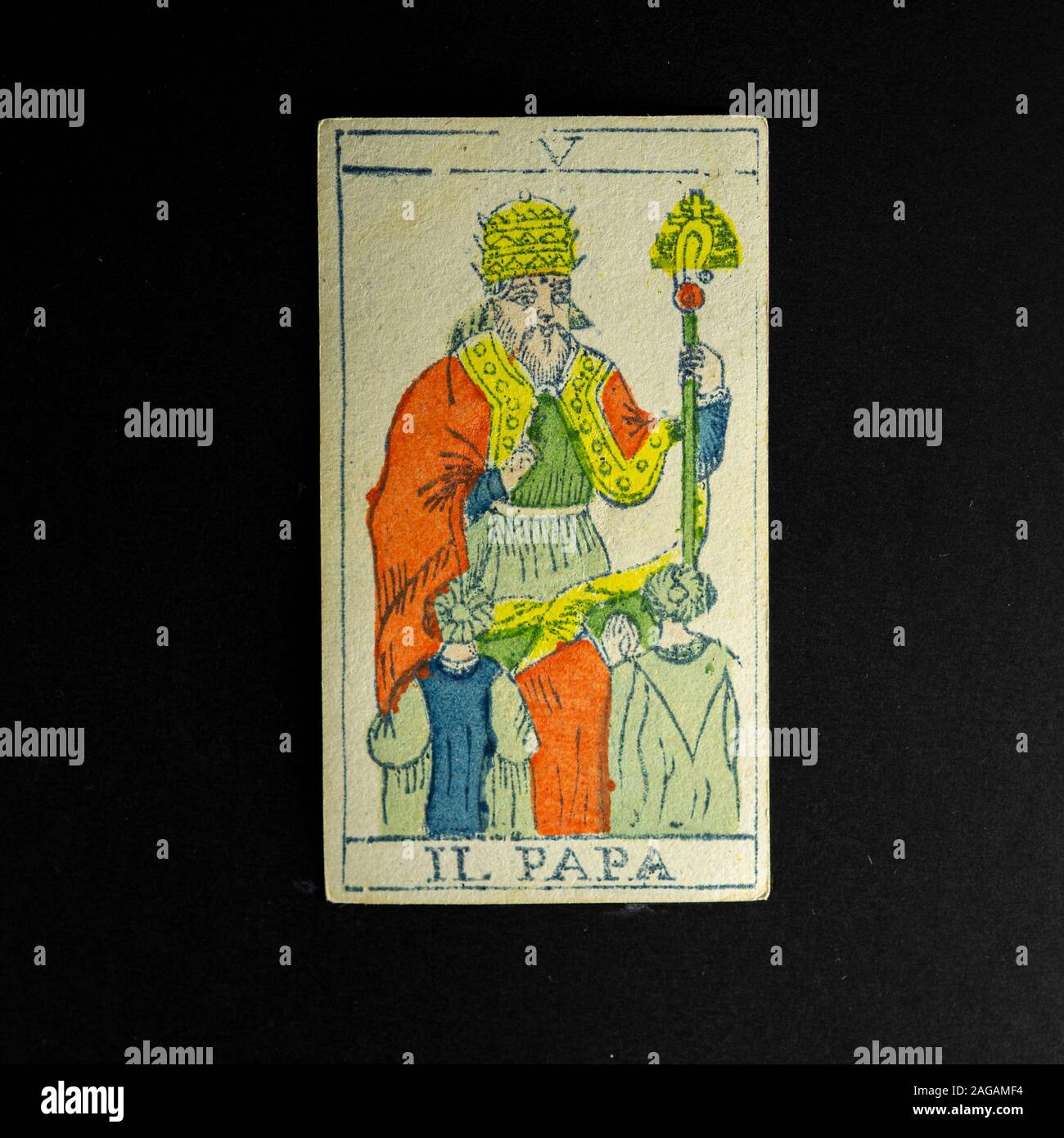 Tarot du Piémont (famille Solesio Genova Italie) à partir de la deuxième moitié du 19e siècle à l'encre bleue imprimée avec des couleurs au pochoir. Banque D'Images