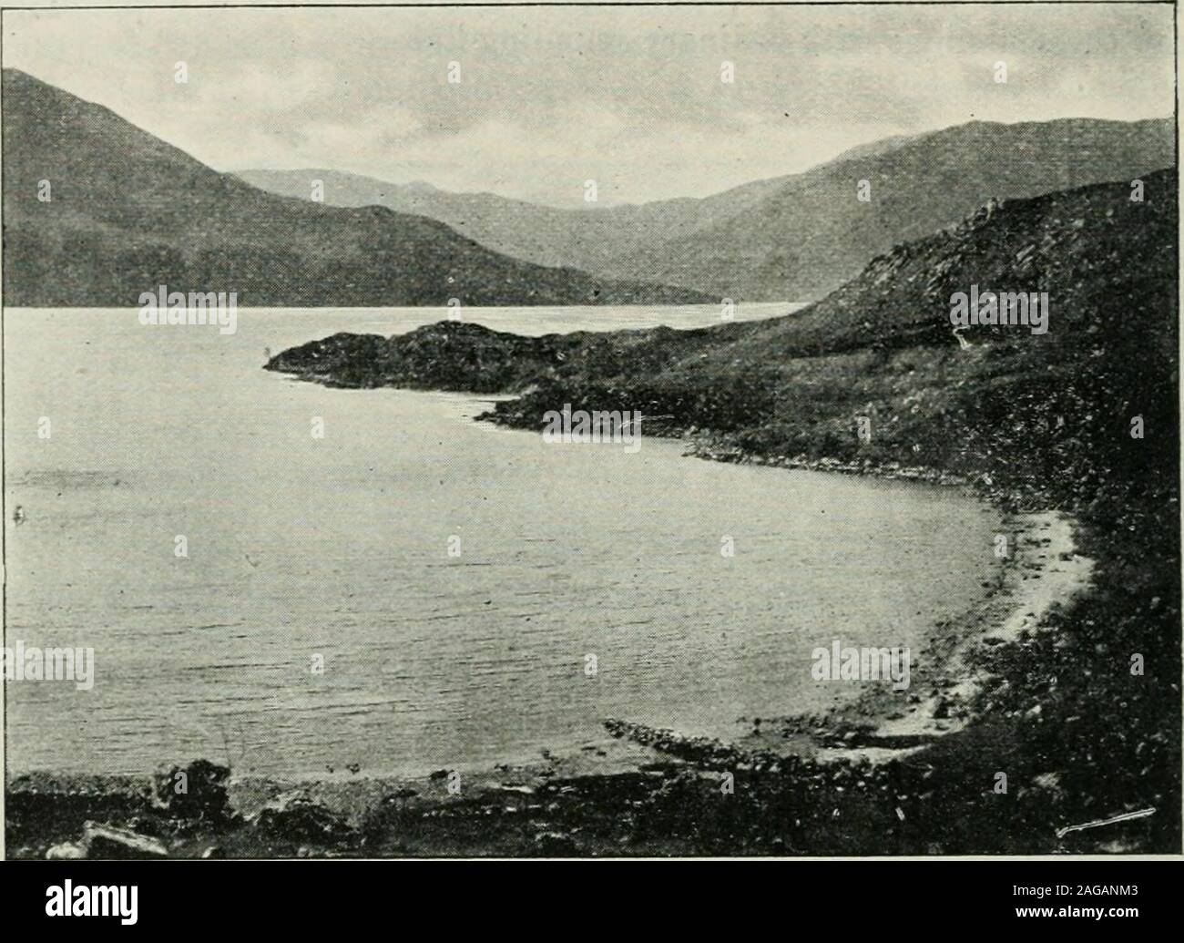 . Scottish Geographical Magazine. ine dans cette direction. Vers l'extrémité est du lac, en face de Sr6nan Drutain sur la rive nord, une montée de l'observedcovered a été inférieure de 74 pieds d'eau, entouré par des profondeurs de plus de 100 pieds. La partie la plus profonde de la loch est en grand partie en face de la rivière Meoble themouth ; ici au centre du loch, le maximumdepth de 1017 pieds a été obtenu, à une place près à mi-chemin entre les deux extrémités du loch. La zone située au-dessus de 1000 pieds de profondeur n'est pas gros,l'extension qu'à un peu plus de 4 hectares. Un sondage de 1002 pieds environ 400 wasobtained yar Banque D'Images