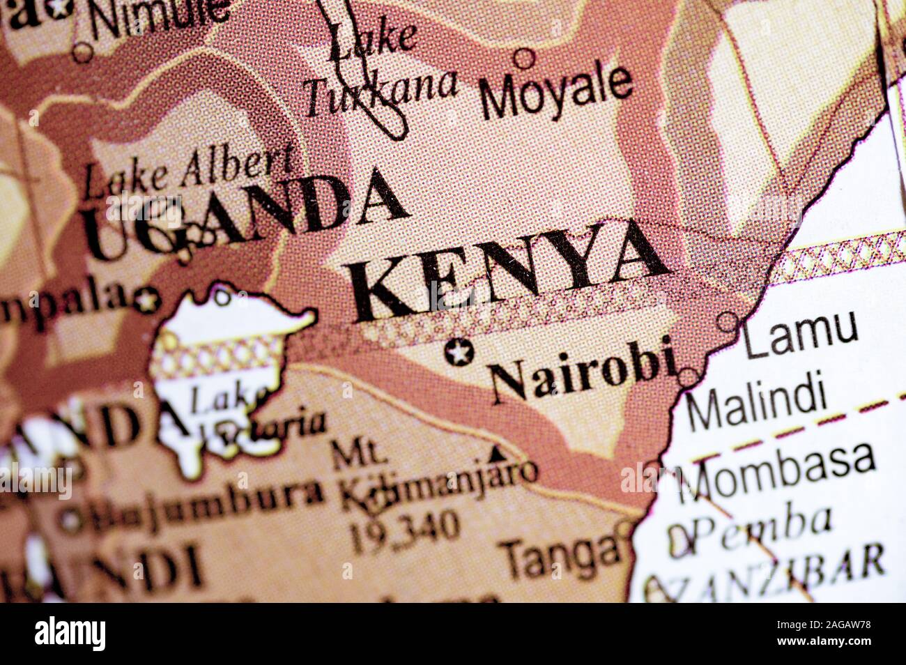 Gros plan du pays du Kenya sur la carte Banque D'Images