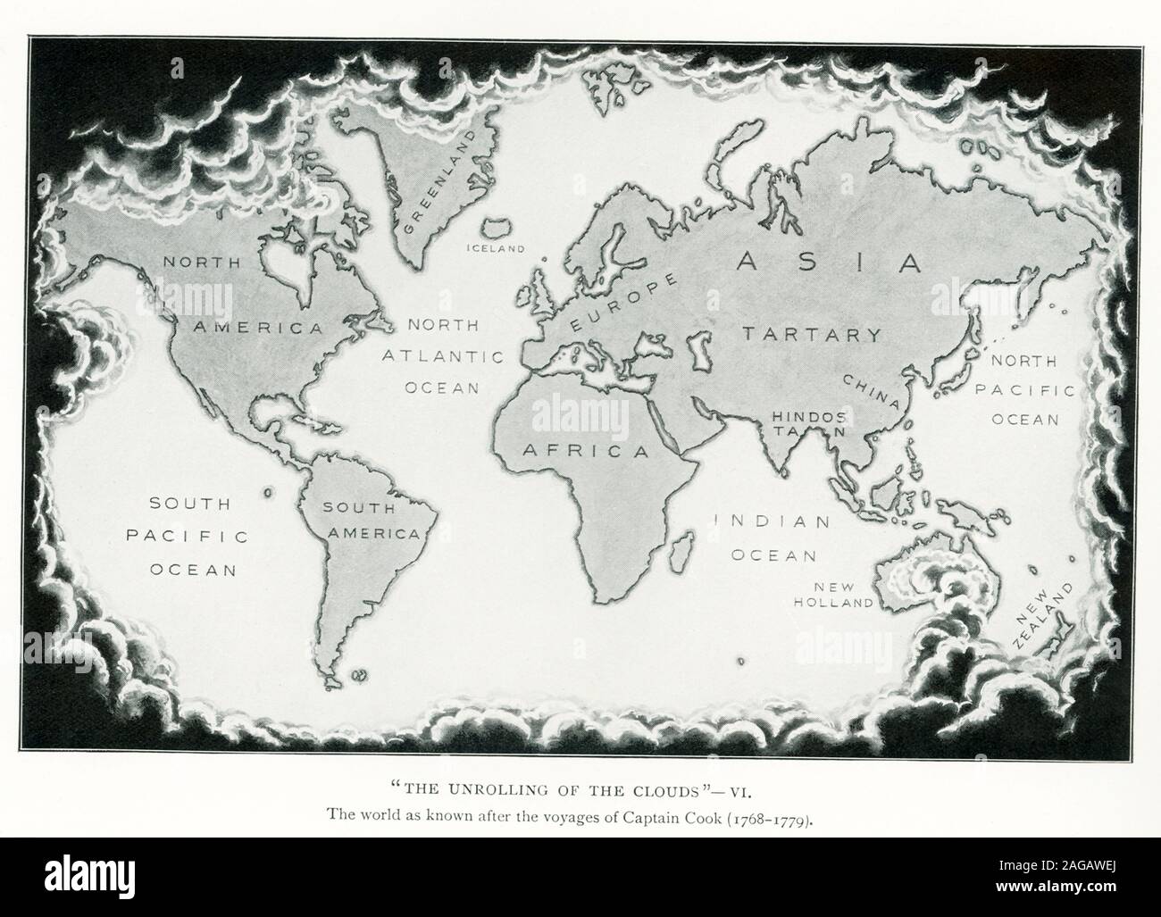 Cette illustration date de 1912 et fait partie d'une série de cartes intitulé : "Le déroulement des nuages." c'est le sixième de la série. Il montre le monde tel que connu après les voyages du capitaine Cook (1768-1779). Banque D'Images