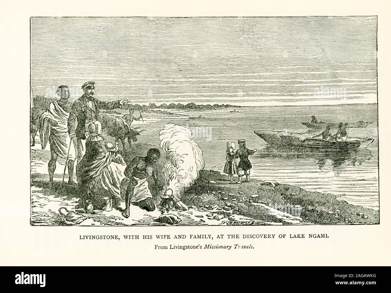 Cette illustration est de Livingstone voyages missionnaires. Il montre Livingstone, avec sa femme et sa famille, à la découverte du lac Ngami. David Livingstone est un médecin écossais, congrégationalistes, pionnier et missionnaire chrétien avec la Société Missionnaire de Londres, un explorateur en Afrique, et l'un des plus populaires British héros de la fin du xixe siècle l'ère victorienne. Livingstone meurt en 1873. Il était au lac Ngami en 1849. Banque D'Images