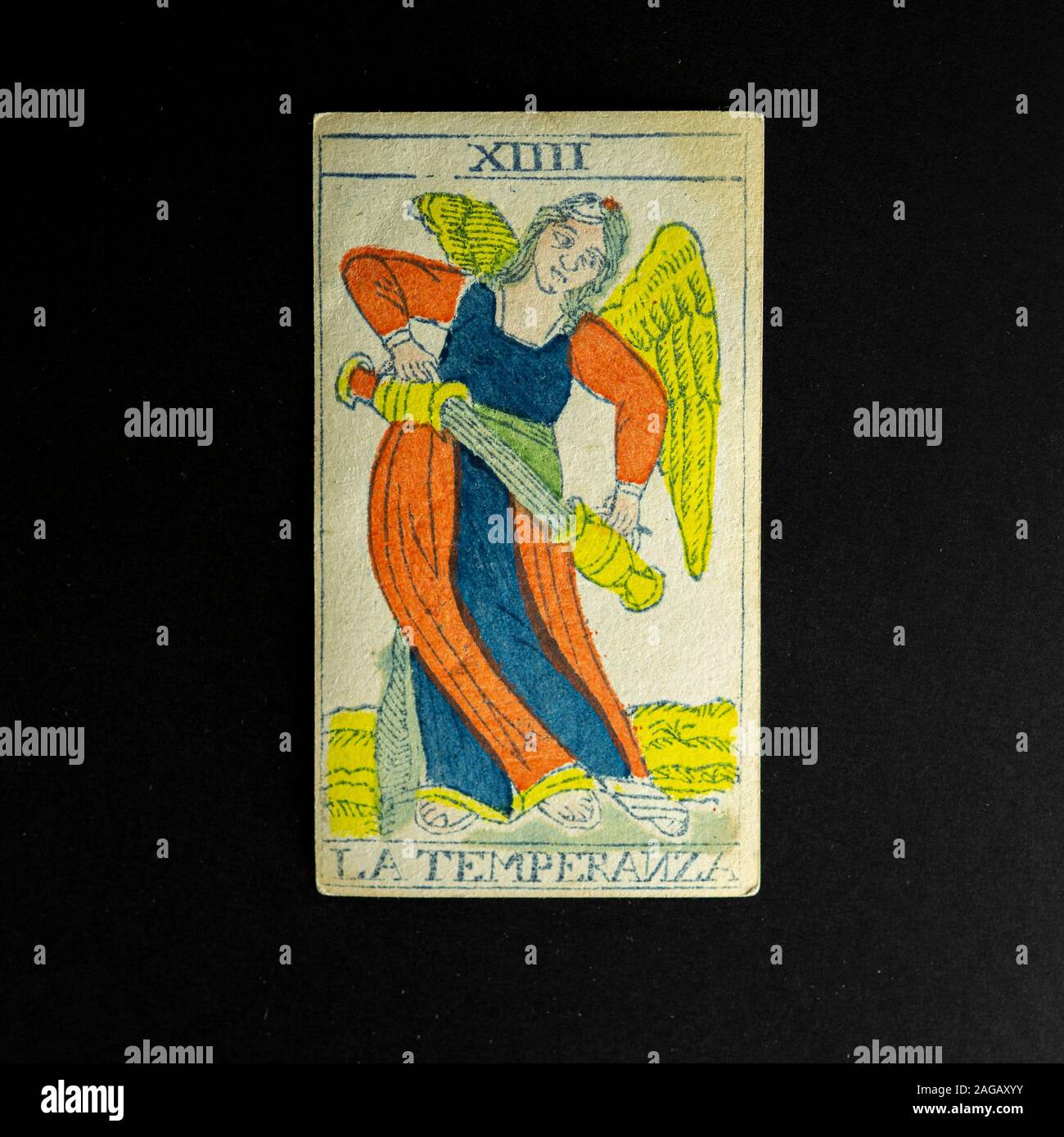 Tarot du Piémont (famille Solesio Genova Italie) à partir de la deuxième moitié du 19e siècle à l'encre bleue imprimée avec des couleurs au pochoir. Banque D'Images