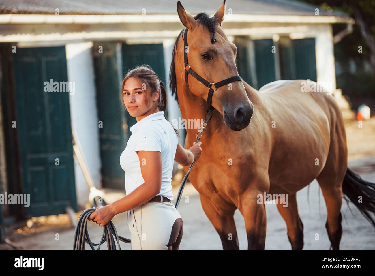 Se préparer pour le tour. Cavalière en uniforme blanc avec son cheval à la ferme. Prêt pour la balade Banque D'Images