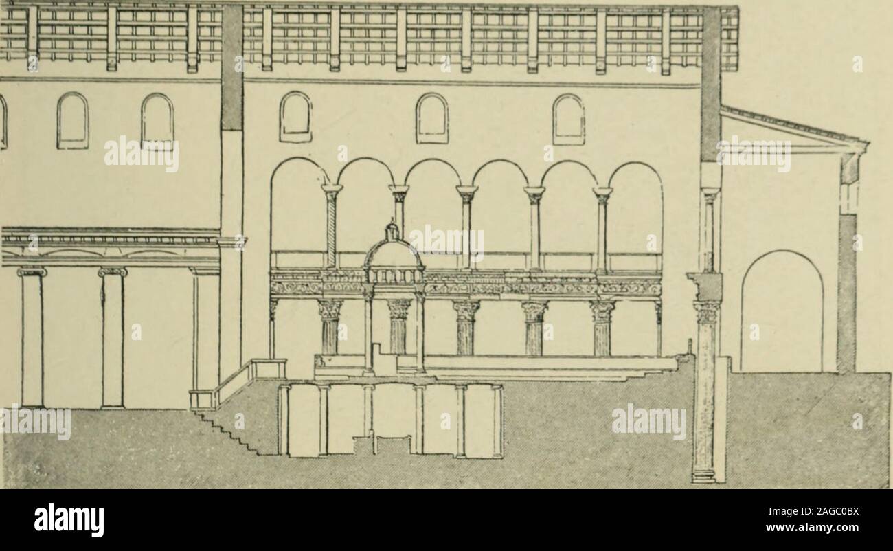 . Une histoire de l'architecture en Italie de l'époque de Constantin à l'aube de la renaissance. ,M"ii"t wa.s .similaire à celle de l'(loul"l" teiiipli de Vénus et en Konie, huilt theForum dans le reij,ni de Ant. Tiu-s. et dont les ruines existent encore. Voir l'Hiibsch.pi. 1, fig. IC), pour le plan. LAULV AUCllll tllKlSTLV.N I |m, hoin^ tluii al)l) & lt ;)t, ami irstored &lt;ii-lar&Lt ;;o(l tlio de cliurch Sixtiis, et united ubt* deux clmrclics l)o^inovin n*les deux apsts. Enfin, environ 121l)-1227, thefine Ilonorins III. ajouté porche d'entrée. Dans sa pr"S( ?nt il y a aspect litth harmonybetween^ ; e( deux Banque D'Images