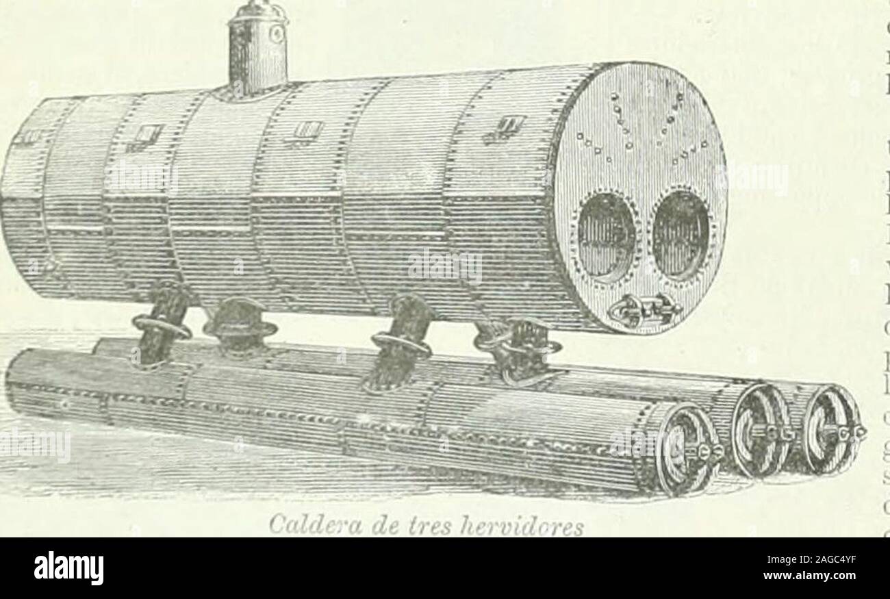 . Diccionario enciclopedico hispano-americano de literatura, siencias y artes. Edicion profusamente ilustrada con miles de pequeños grabados intercalados en el texto y tirados aparte que reproducen las las diferentes especies de los reinos animal, végétal y minéral ; los motores y intrumentos aplicados recientemente á las Ciencias, agricultura, artes é industrias ; planos de de ciudades ; mapas geográficos ; monedas y medallas de todos los tiempos, etc., etc., etc. Caldera cilindrica de dos casquetes esféricos ; B uno de los hervido-res qu i eon la caldera por dos tubos:hervidores suelen ser dos, Banque D'Images