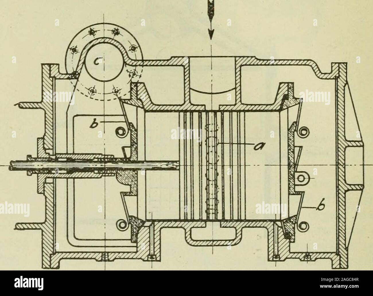 . Le sucre de canne ; un manuel sur l'agriculture de la canne à sucre, la fabrication de sucre de canne, et l'analyse du sucre produits maison. Fig. 224 Un deuxième type d'eiftciency haute pression de fonctionnement sans qu'equalizationis MuUan de (U.S.), fig. 225. Dans cette conception les ports d'aspiration,a, sont situé à la ronde au milieu du cylindre et sont fermées et openedby le déplacement du piston, rappelant les actions similaires dans thefEdwardspump. Les vannes de refoulement sont placés en h dans les extrémités du cylindre, l'air enfin s'échappe de la c.. Fig. Distributeur de pompe à piston rotatif 225.-Un autre type o Banque D'Images