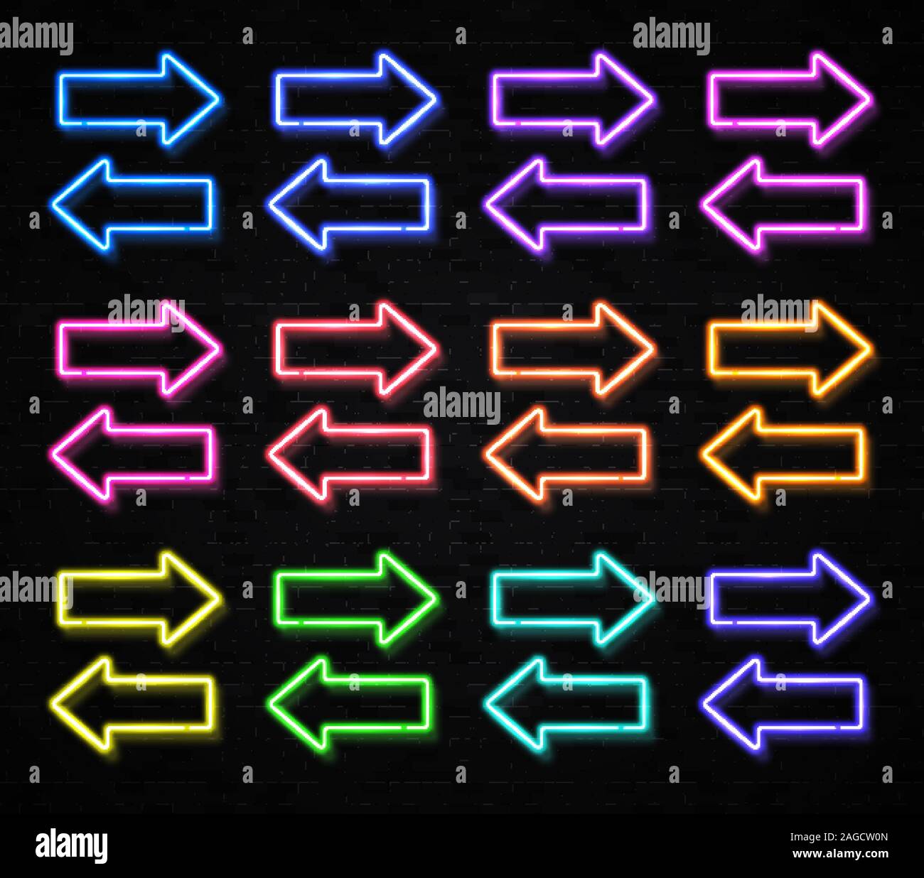 Néon brillant jeu de flèches de couleurs différentes isolé sur fond de mur de briques noires. Direction pointeur symbole. Éléments de design rétro. Néon brillant lig Illustration de Vecteur