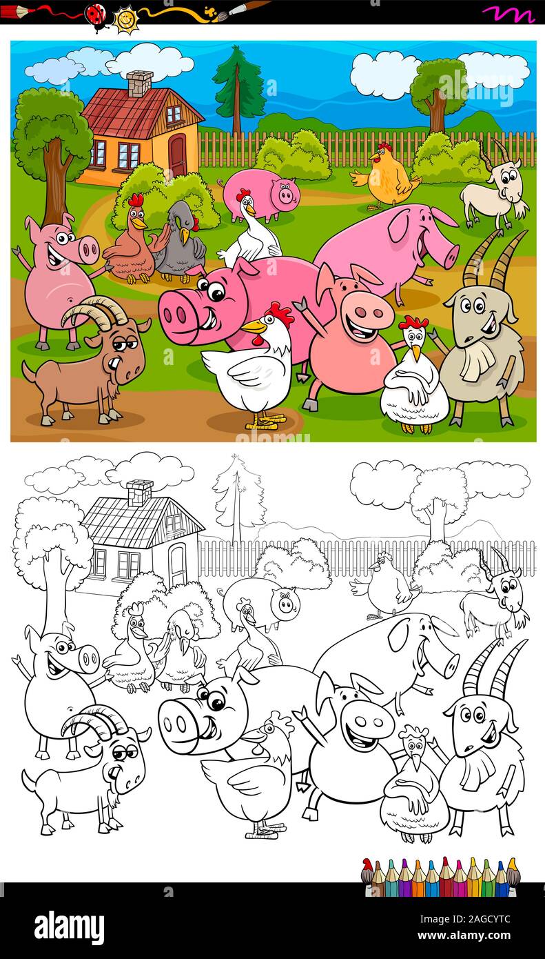Cartoon Illustration de personnages animaux rigolos de la ferme à colorier La Page de groupe Illustration de Vecteur