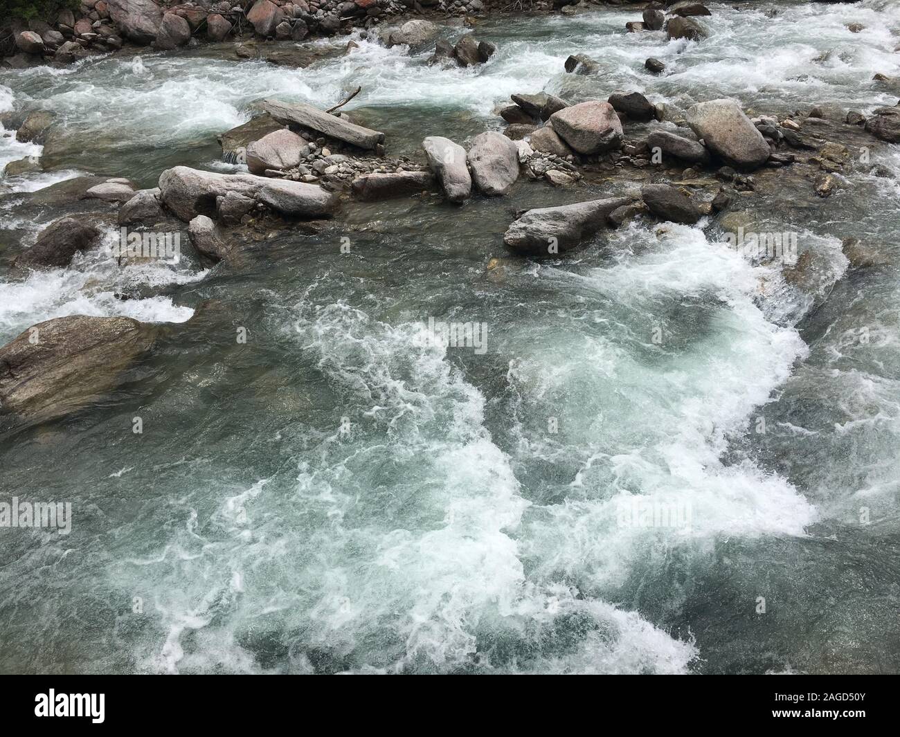 Paysage d'une rivière à écoulement rapide avec de grandes pierres en elle dans une forêt Banque D'Images