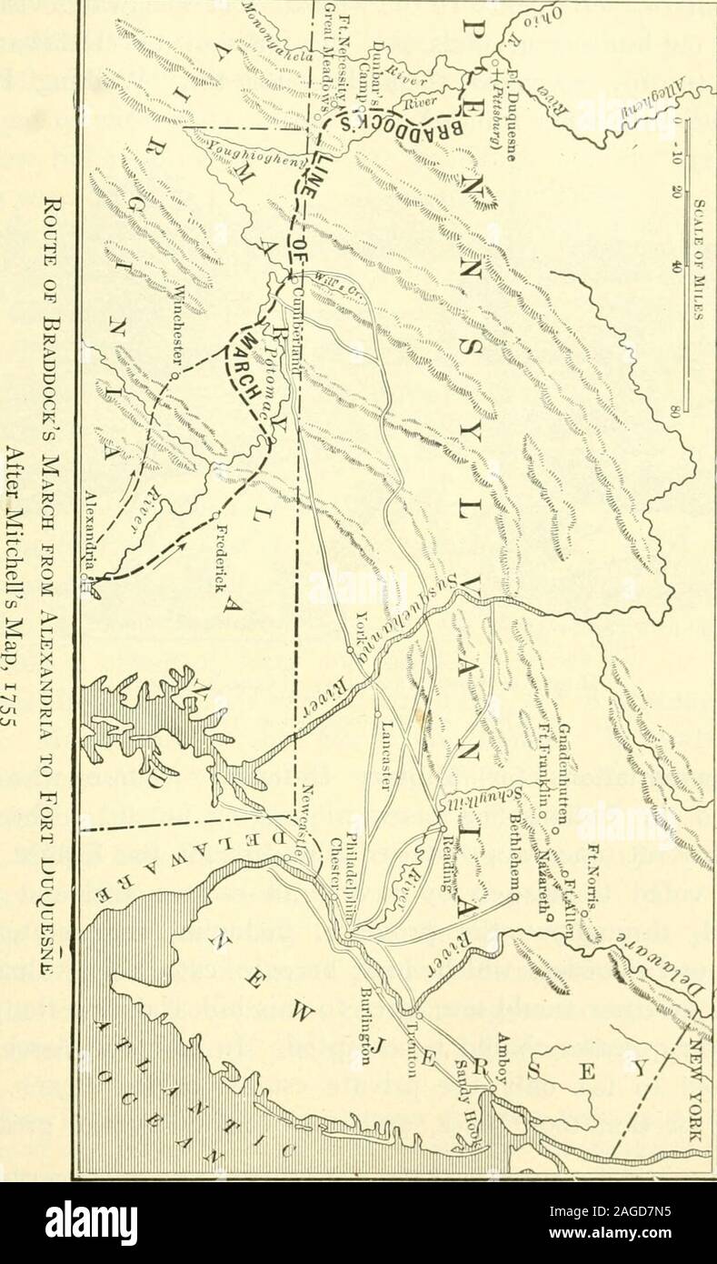 . Une histoire de la Pennsylvanie. Jeu outfrom Braddock à Alexandria (Virginie), le 8 avril 1755, et il n'était pas untilJuly 8 qu'il atteint le quartier du Fort Duquesne.La bataille fatale suivie. Si grande consternation succeededthe-recherché pour le désastre qu'est là une défaite Braddocks le plus connu des incidents dans l'histoire coloniale américaine. La frontière a été laissé sans protection. Sous l'orientation ofFrench dirigeants, ainsi que l'impulsion du remembranceof leurs propres maux, les Indiens ont impitoyablement ven-geance sur les blancs. Ils ont systématiquement ravagés notonly la frontière ouest de la Pennsylvanie, mais Banque D'Images