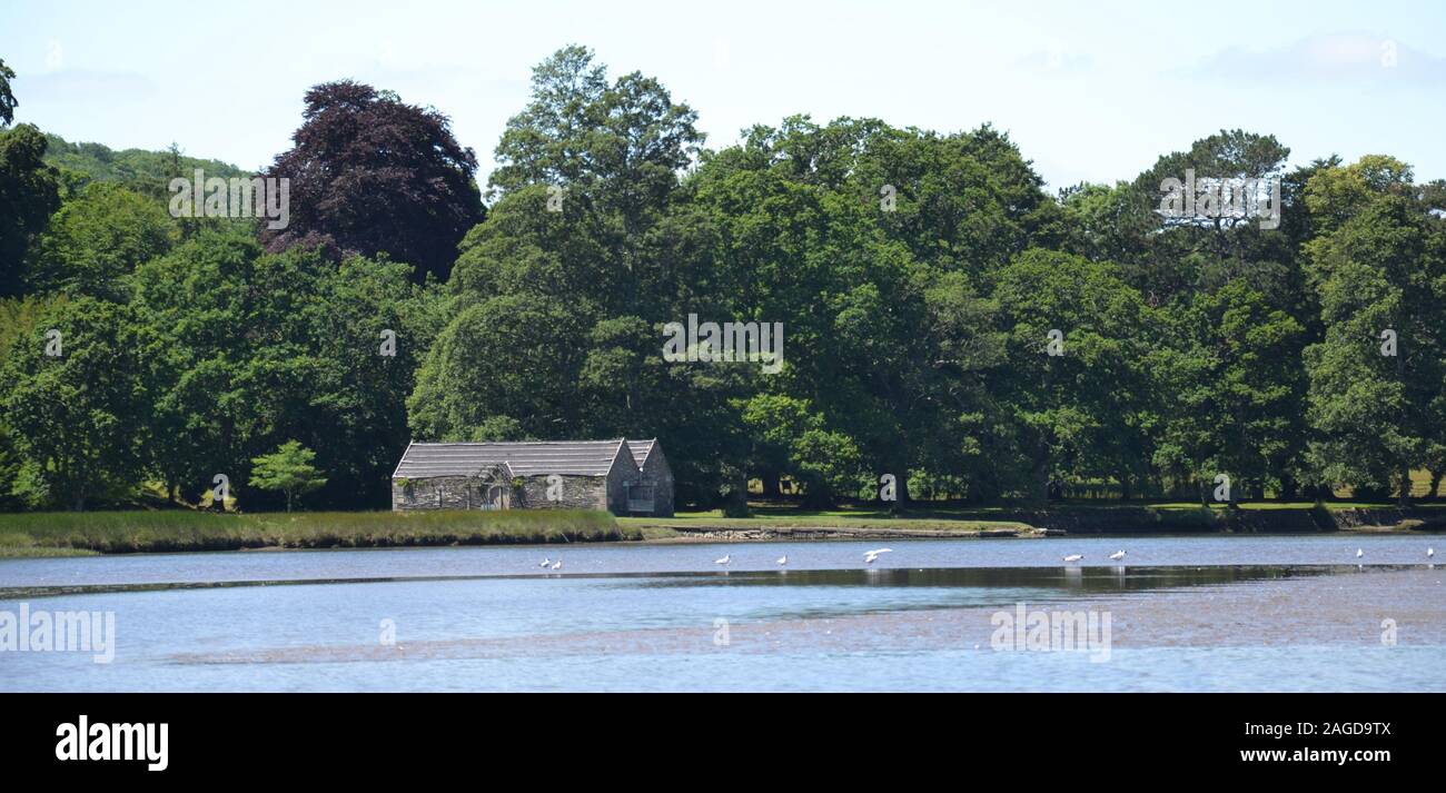 Les hangars à bateaux rustique en pierre le long d'une journée d'été. Sous les arbres sur le côté d'une rivière ou d'un estuaire à marée, avec de l'eau oiseaux pêcheurs dans les eaux de marée. Banque D'Images
