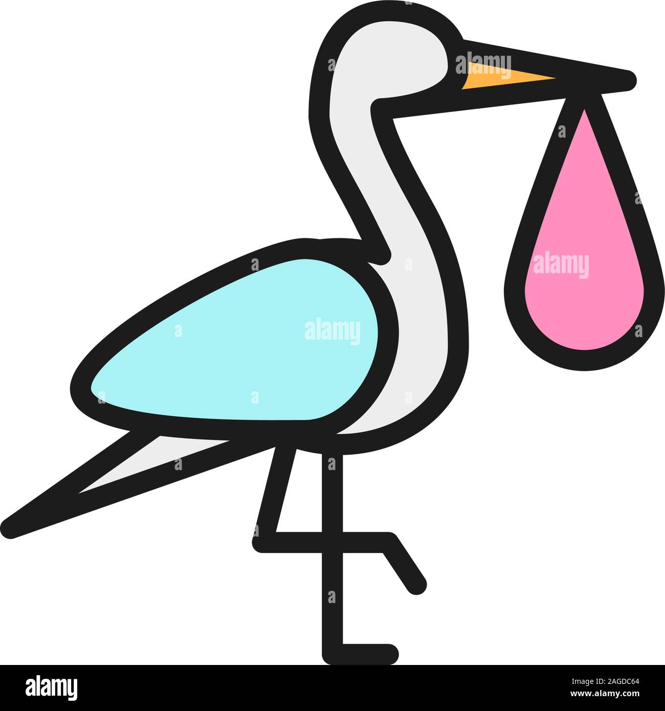 Oiseau grue avec sac bébé cigogne, l'icône de la ligne de couleur à plat. Illustration de Vecteur