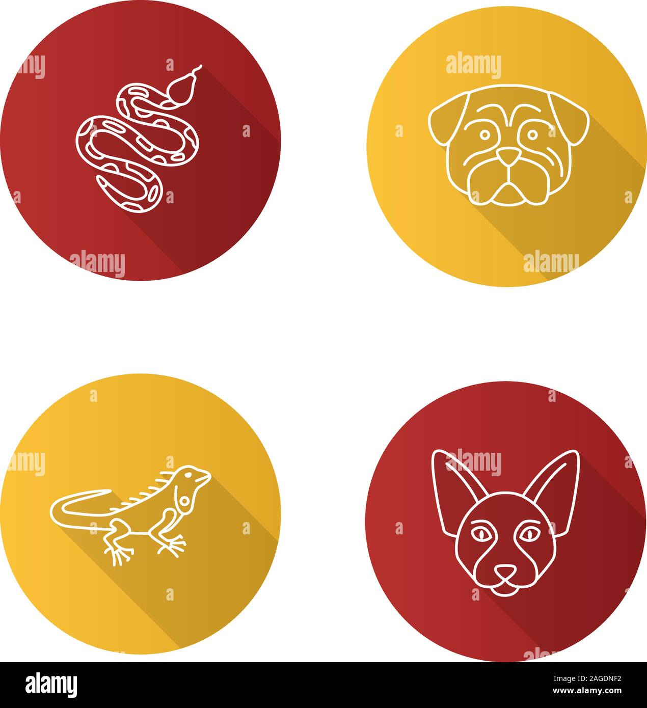 Télévision animaux long shadow linéaire icons set. Python, pug, iguane, Sphynx canadien. Contour Vector illustration Illustration de Vecteur