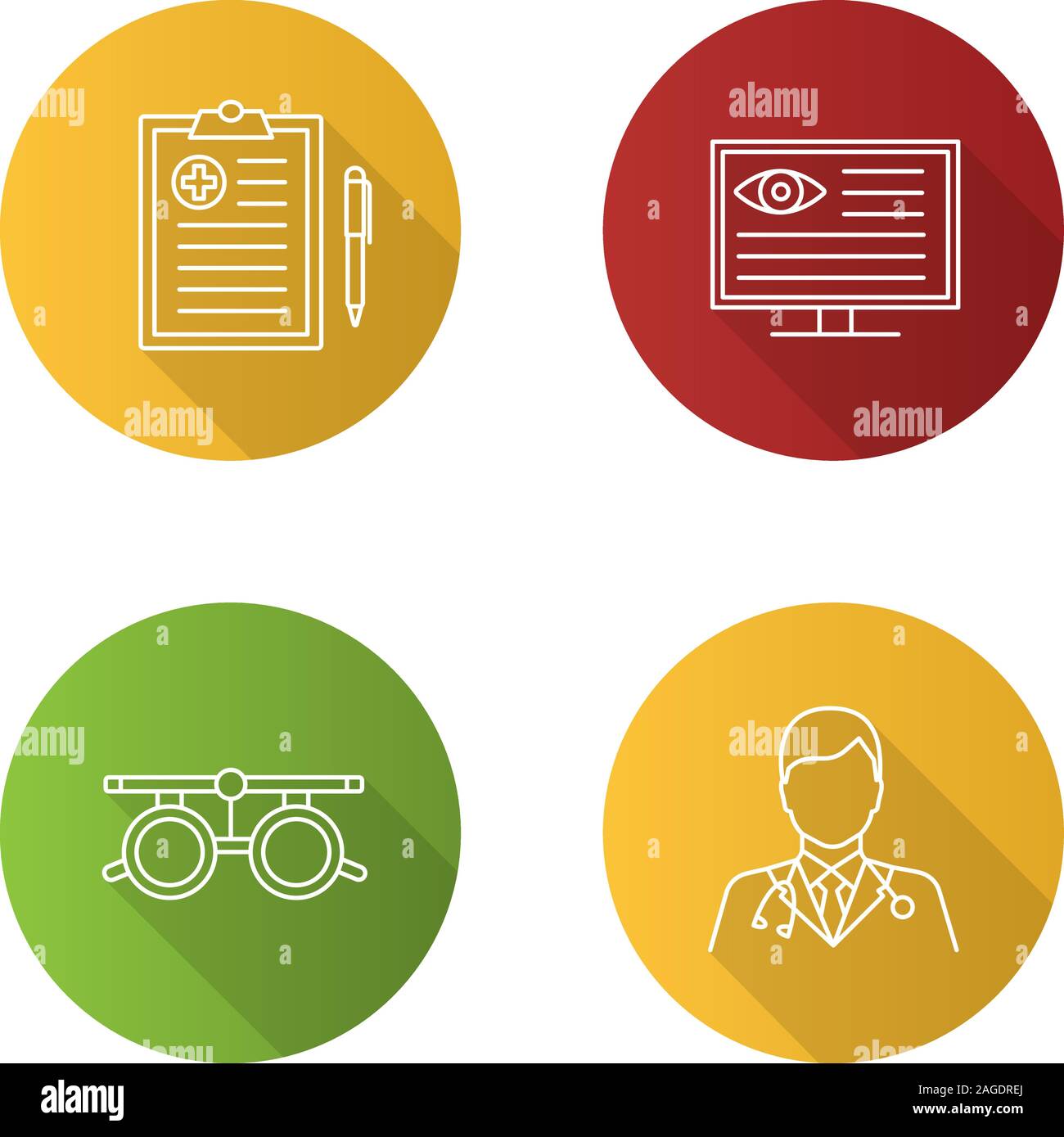 Ophtalmologie télévision long shadow linéaire icons set. Rapport médical, diagnostic de l'ordinateur, lunettes, examen de médecin. Contour Vector illustration Illustration de Vecteur