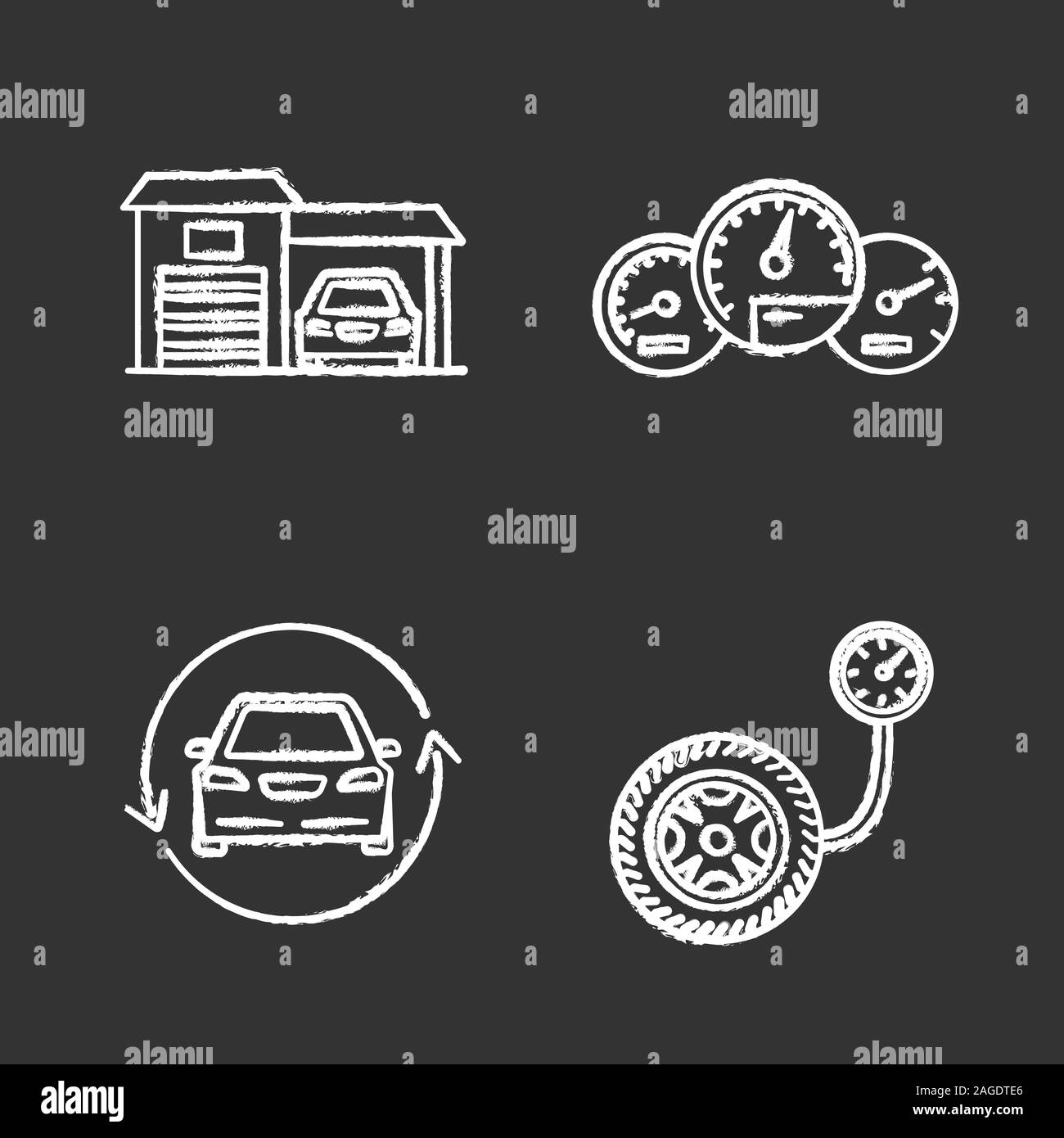 Atelier Auto icons set de craie. Tableau de bord de voiture, garage, avec flèche de cercle, de la pression de l'indicateur. Illustrations vectorielles chalkboard Illustration de Vecteur