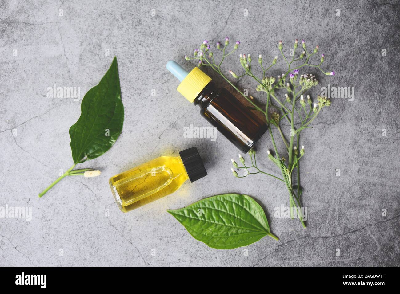 aromathérapie bouteilles d'huile à base de plantes arôme avec des feuilles  de fleurs formulations à base de plantes, y compris des fleurs sauvages et  des herbes sur bois - bougies parfumées huiles