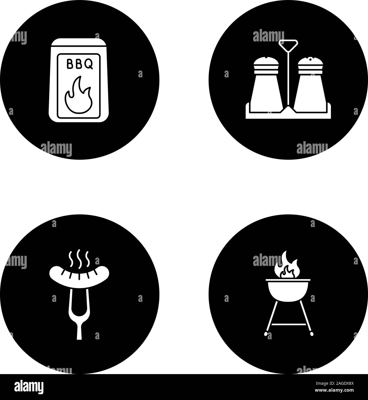 Glyphe icons set Barbecue. Le charbon, salières et poivrières, saucisse grillée sur fourchette à découper, grill électrique. Vector silhouettes blanc illustrations de blac Illustration de Vecteur