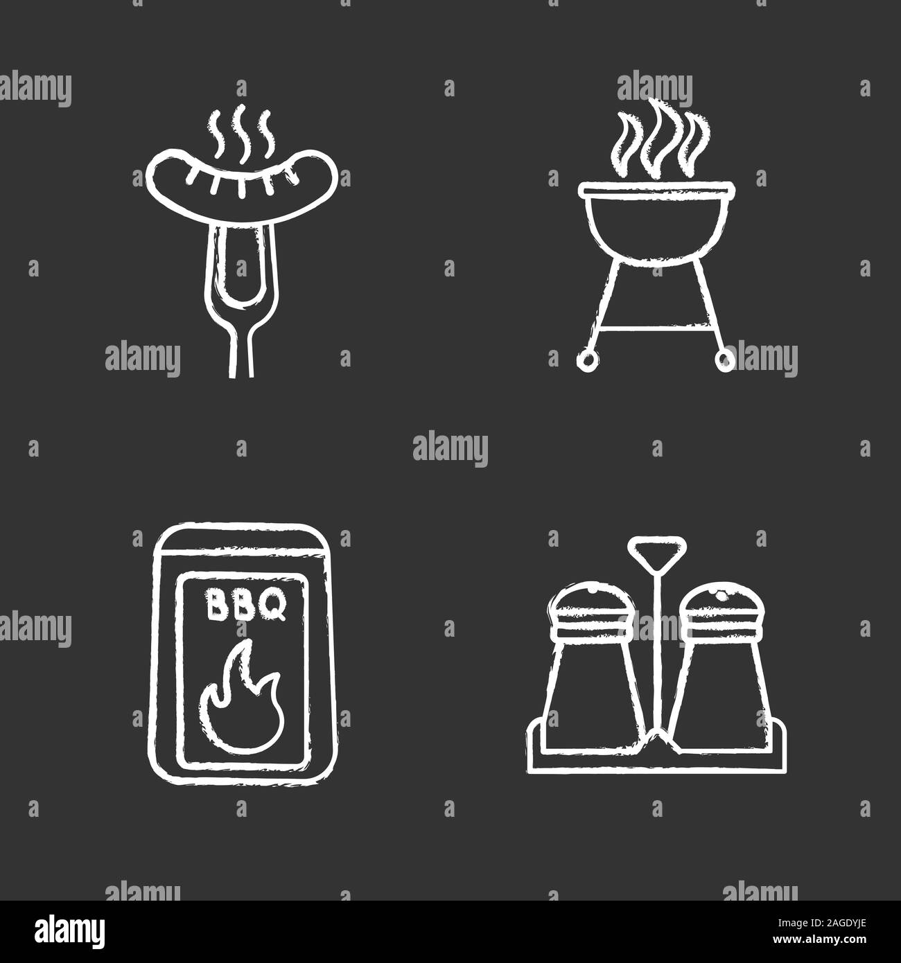 Chalk icons set Barbecue. Le charbon, salières et poivrières, saucisse grillée sur fourchette à découper, grill électrique. Illustrations vectorielles chalkboard Illustration de Vecteur