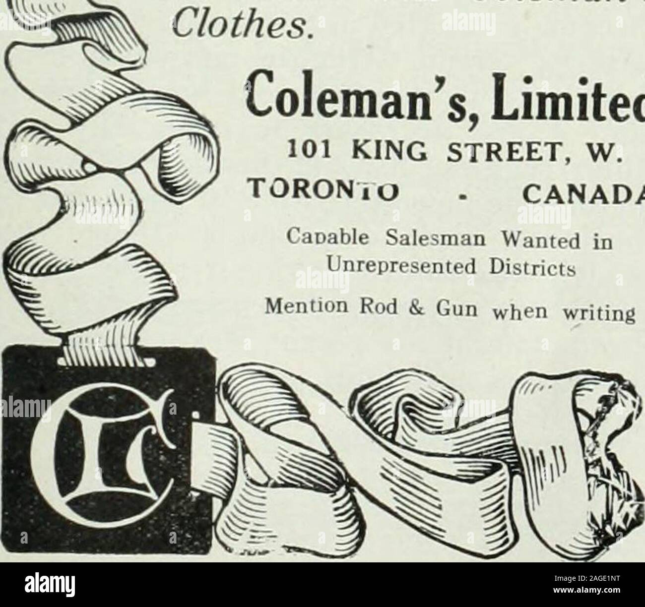 . Rod and Gun. MA QUEUE STEFt 0R S La Boutique Qui MakesCorrect ColemansSpring Vêtements pour hommes Tout Styles cette saison sera très calme et propre-nothingfancy ou fortement marqué. -Steel-Grays Blue-Grays Purple-Grays-^ Ginnamon-Browns ---Lovat nuances telles sont quelques-unes des mostpopular les matières de la saison. Nous écrire pour les échantillons andself allparticulars avec tableau de mesure comment prendre votre propre mesure. Chaque complet fait customersown à mesurer et mettre en place l'est garanti. Prix à partir de 22,50 $ à 35,00 $ de l'Atlantique aux personnes the ColemansClothes usure du Pacifique. Colemans, Limited 101, RUE KING, W.TORONio . Banque D'Images