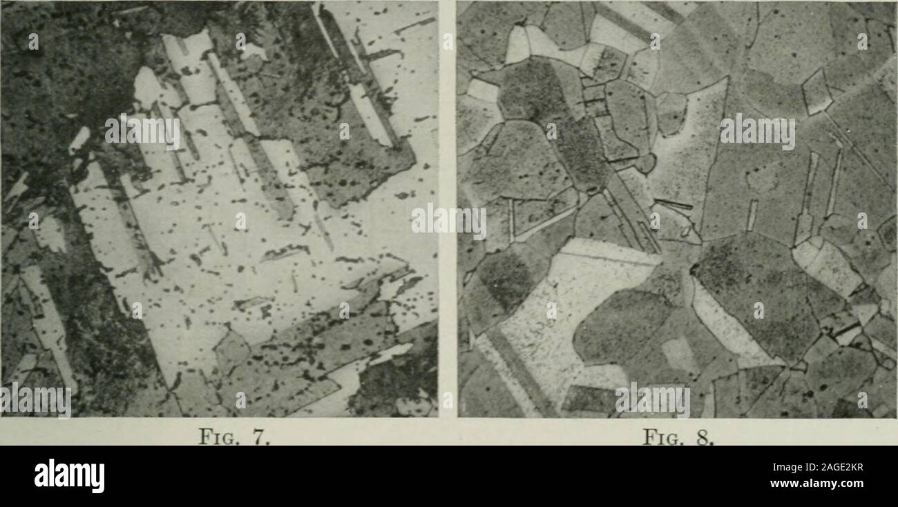 . Les transactions. Fig. o. Fig. b. I. La plaque-Figs. 2 à 5 avec l'ammoniac gravé et l'eau oxygénée. X 75. 339 Cette discussion indique une réduction de 28,3 et 16  %, respectivement, à la traction, et 64 et 44  %., respectivement, inelongation. La présence d'arsenic protège apparemment le cuivre de l'actionof la réduction de gaz à effet de serre dans une certaine mesure, tandis que la présence de nickel a la. Banque D'Images