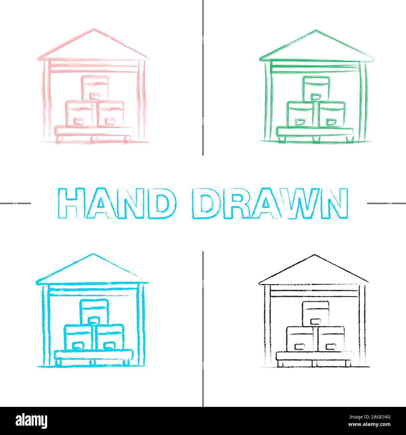 Warehouse hand drawn icons set. Boîtes de carton sur palette. Stockage Les colis color coup de pinceau. Illustrations vectorielles sketchy Illustration de Vecteur