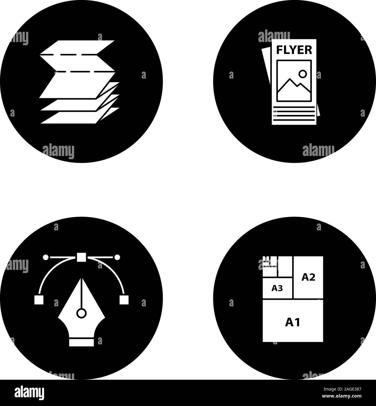 Glyphe d'impression icons set. La polygraphie et typographie. Brochure pliée, flyer, stylo plume, formats de papier. Silhouettes blanches dans les illustrations vectorielles Illustration de Vecteur
