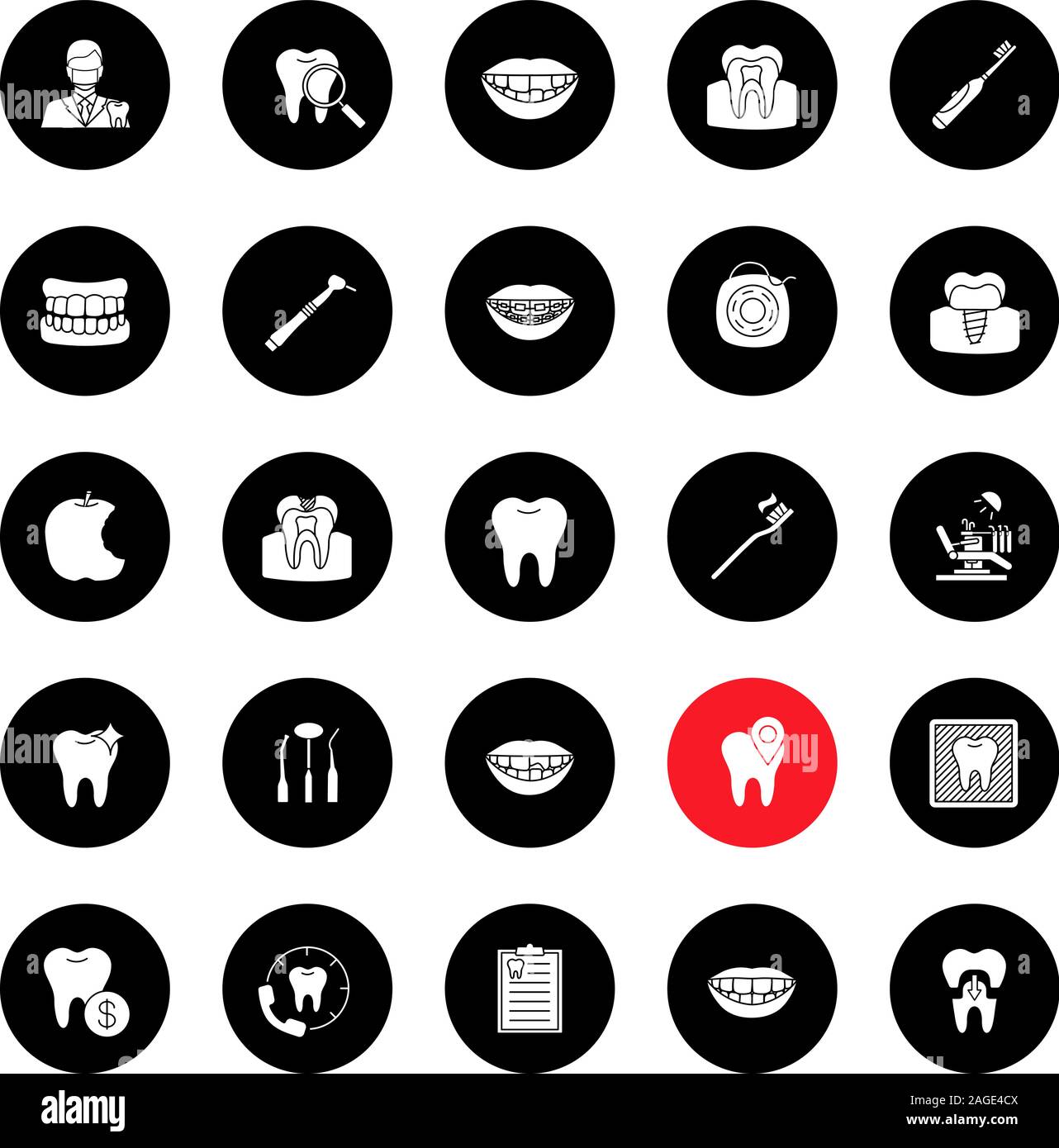 Glyphe de dentisterie icons set. Stomatologie. Les services d'une clinique dentaire, instruments, des dents hygiène, problèmes. Vector silhouettes blanches illustrations en noir Illustration de Vecteur