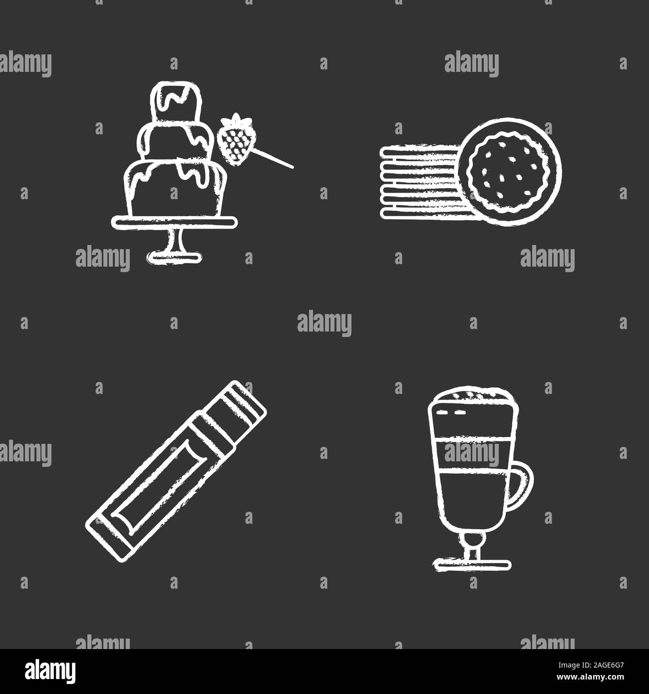 Condectionery chalk icons set. Fontaine de chocolat, sandwich biscuits, chewing-gum stick, latte macchiato. Illustrations vectorielles chalkboard Illustration de Vecteur