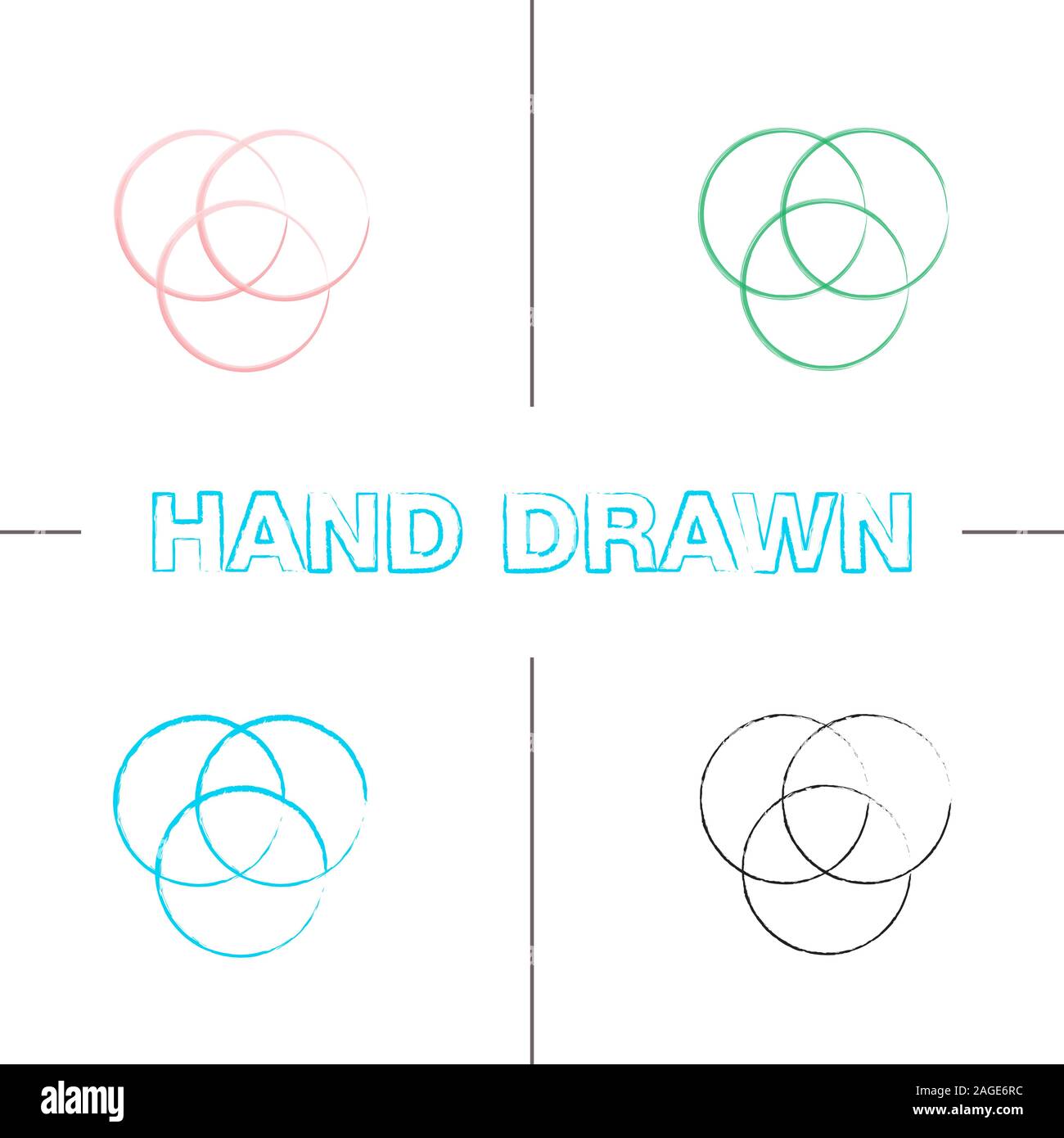 Les cercles de couleur RVB ou CMJN, hand drawn icons set. Coup de pinceau de couleur. Diagramme de Venn. Les cercles qui se chevauchent. Illustrations vectorielles sketchy Illustration de Vecteur