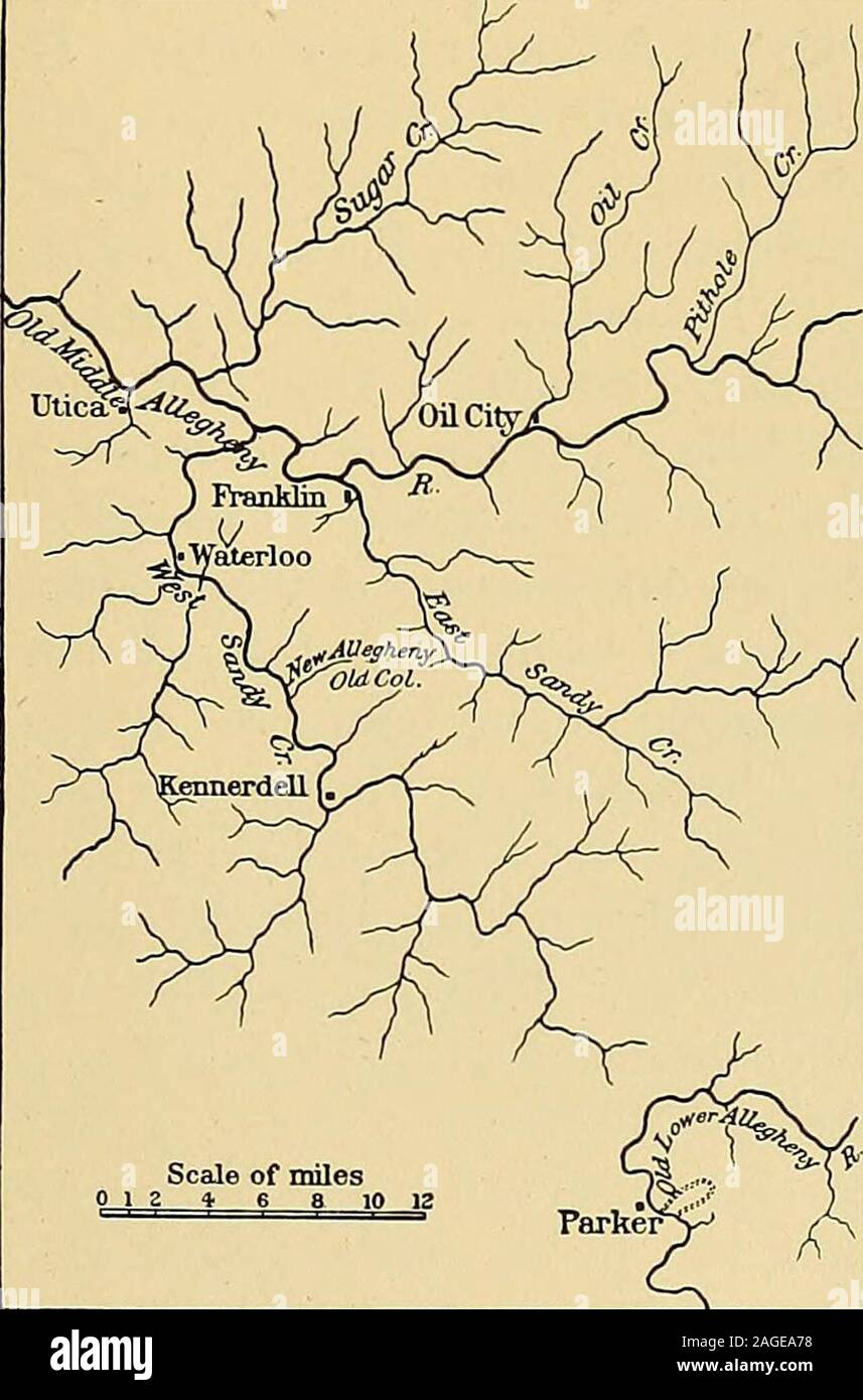 . Formations glaciaires caractéristiques de drainage et de l'Érié et bassins de l'Ohio. d avec glacialgravel au début (voir PI. VIII), l'une plate atteint 1 040 pieds au-dessus de la roche à marée basse, et un autre a pénétré jusqu'à un niveau seulement 1 015 pieds au-dessus de la marée sans atteindre la roche. Le gravier à ces points s'élève à un niveau bien supérieur à celui d'theterraces connecté avec l'extérieur de la moraine glaciaire du Wisconsin ou à la fin de l'inva- FlG. 5.-drainage actuel de la partie ot au Alleghenydrainage système. Voir Carll : Deuxième Geol., Pennsylvanie Sondage Bept. ! ?, P. 334. Au vieux système de drainage d'Allegheny. 135 siou, et soutient ces relati Banque D'Images
