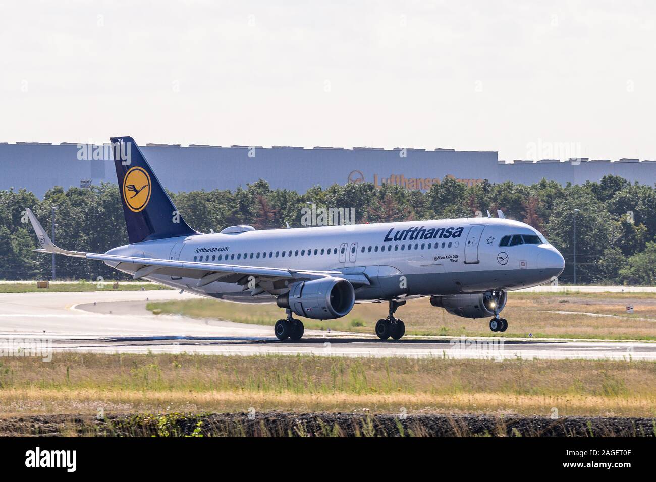 Francfort, Allemagne 11.08.2019 Lufthansa Airlines Airbus A320-214 à l'atterrissage à l'aéroport fraport basée à Francfort. Banque D'Images