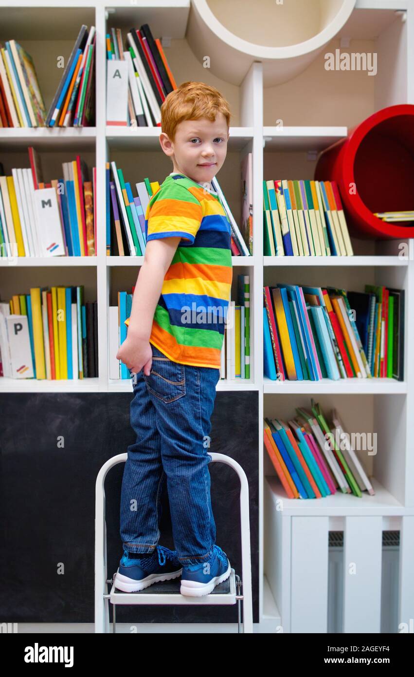 Adorable petit garçon aux cheveux roux, debout dans les escaliers en bibliothèque. Le développement du cerveau d'enfant, apprendre à lire, les aptitudes cognitives. Se préparer pour l'école. Ch Banque D'Images