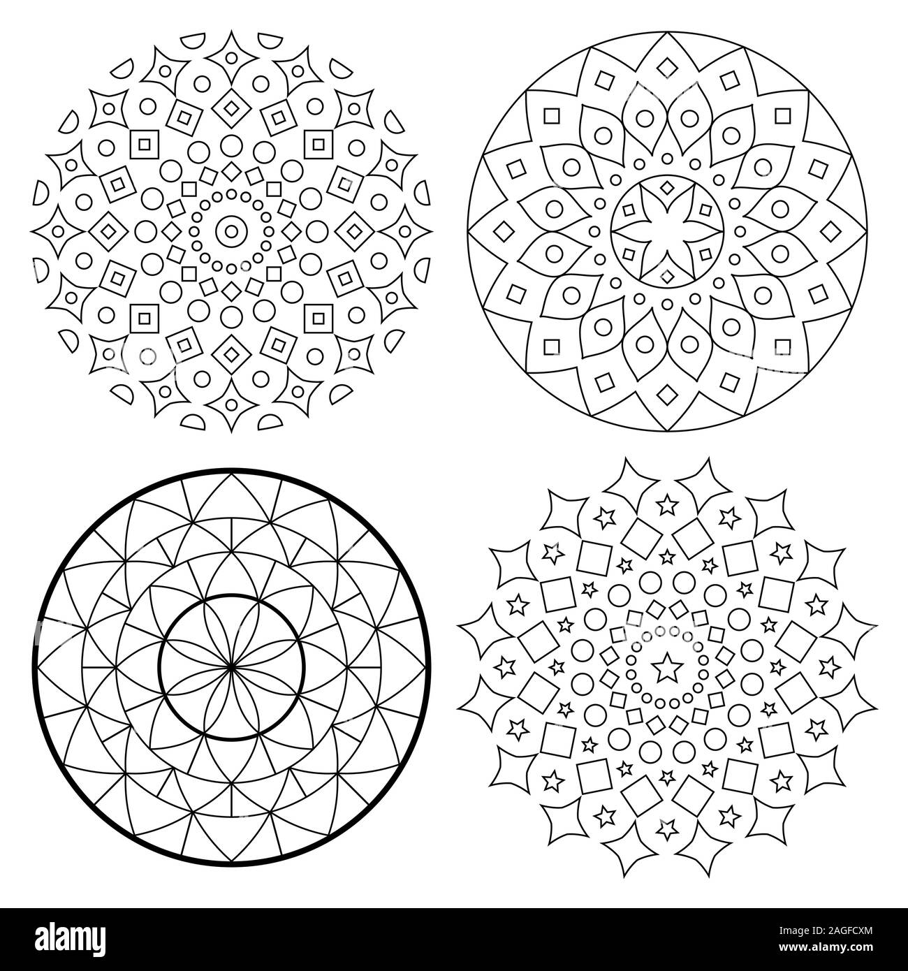 Jeu de motifs vectoriels Mandala avec avc, yoga, design zen bohème ethnique asiatique dessin en noir et blanc - parfait pour des profils des livres à colorier Illustration de Vecteur