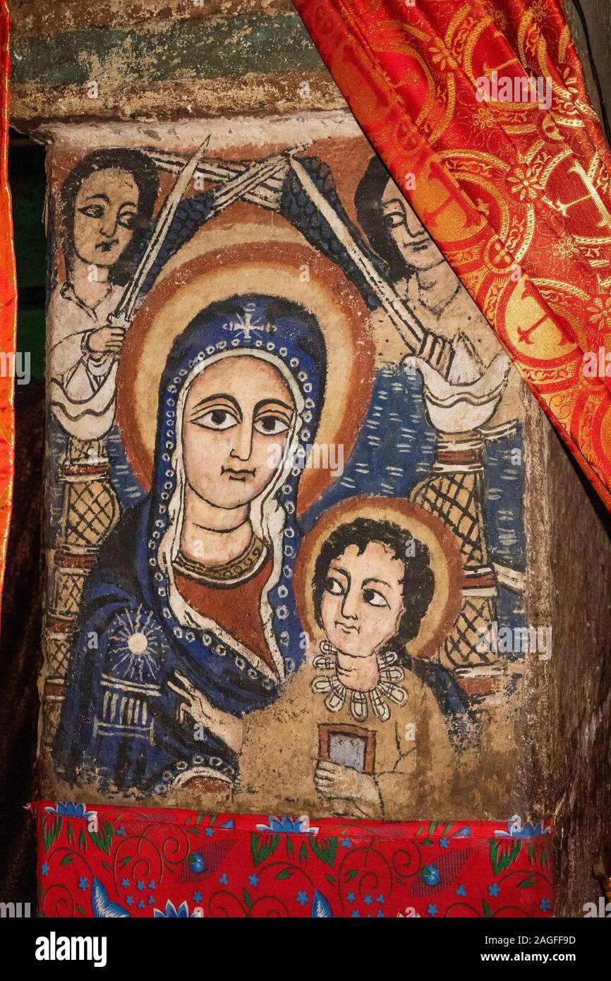L'Éthiopie, région d'Amhara, Arbatu Ensessa, Lalibela, Biblia Chirkos, crèche peinte Banque D'Images