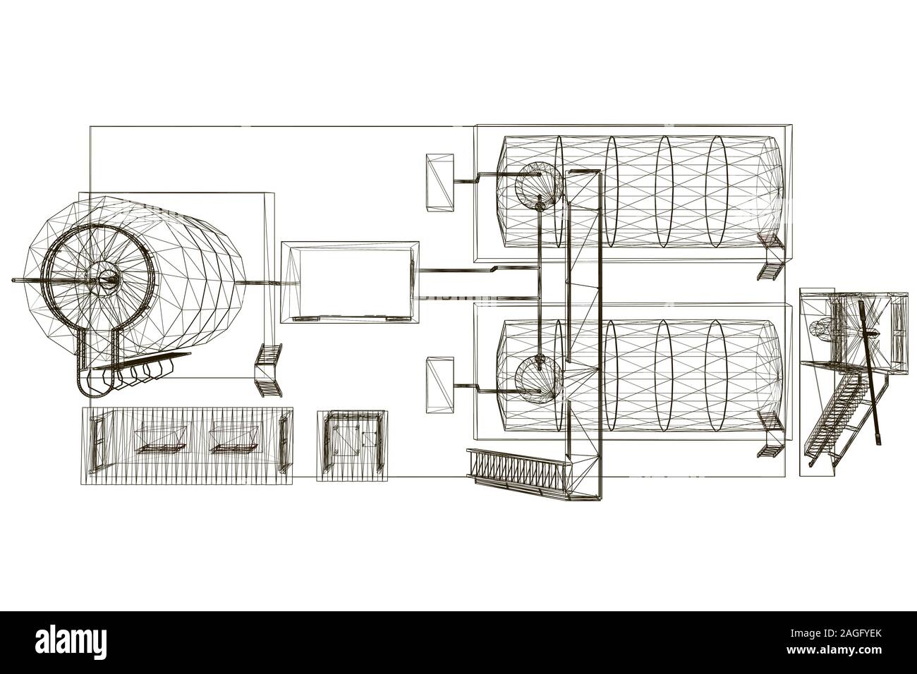 En fil de fer d'un bâtiment industriel avec des chars. Vue de dessus. Vector illustration. Illustration de Vecteur