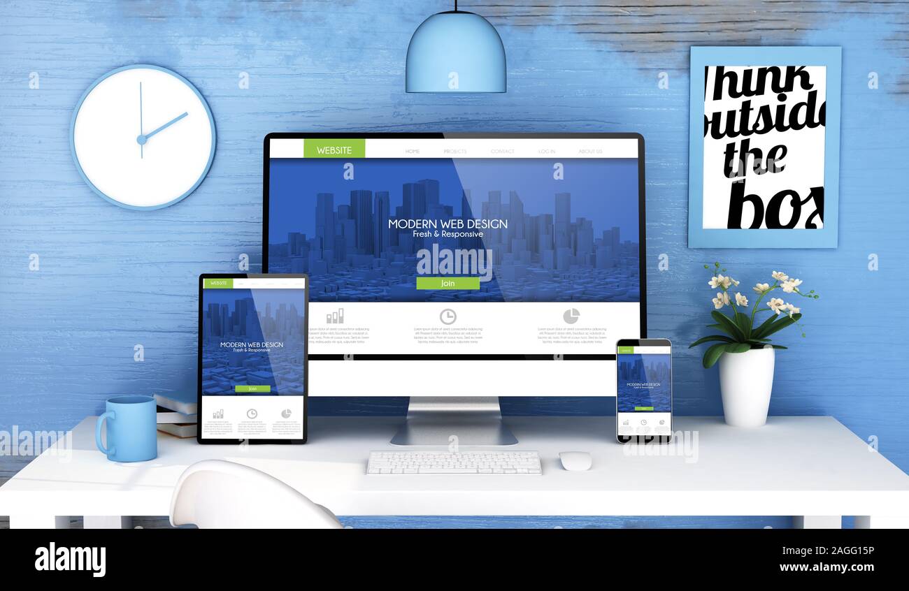 Studio bleu avec responsive web design moderne sur les terminaux des maquettes 3D Rendering Banque D'Images