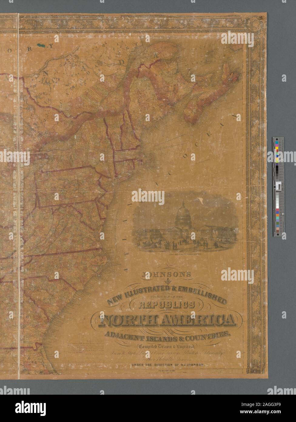 Illustré par hachures de secours. Carte grande échelle : carte du monde sur la projection de Mercator. Présente l'Amérique du Nord à partir de la frontière Canada - États-Unis au nord de l'extrémité de l'Amérique du Sud, comprend les Grandes Antilles. Contient la table des distances par terre et par eau, le tableau statistique du recensement américain de 1850, une liste des autorisations utilisées dans la compilation de la map, et les statistiques pour l'Amérique centrale. Contient des vignettes de l'United States Capitol, American Eagle entouré d'étoiles contenant les armoiries des membres, et les navires naviguant sur les eaux libres ; fermé par des frontières d'ornement de feuilles d'acanthe. L'EACA Banque D'Images