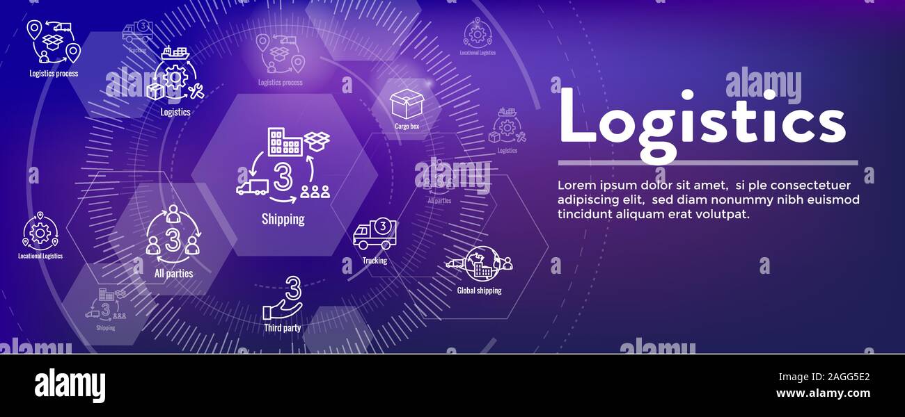 Icon Set logistique et web bannière d'en-tête w bâtiments, de camionnage, d'expédition et les gens fort Illustration de Vecteur