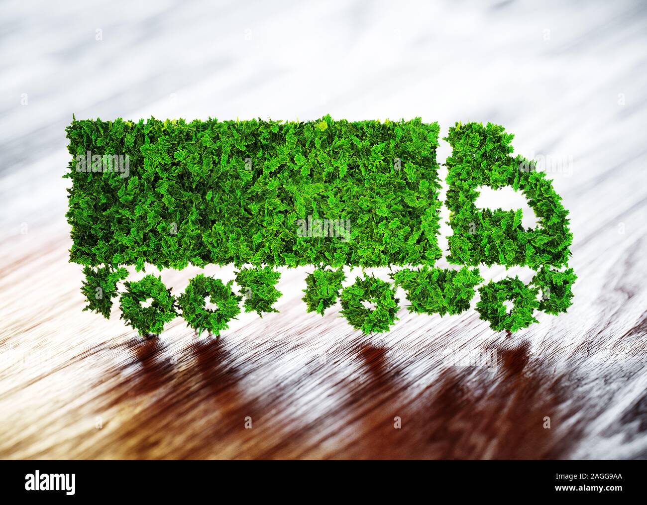 Ecology concept de logistique. 3D illustration d'un camion vert avec un fond de bois brouillée. Banque D'Images