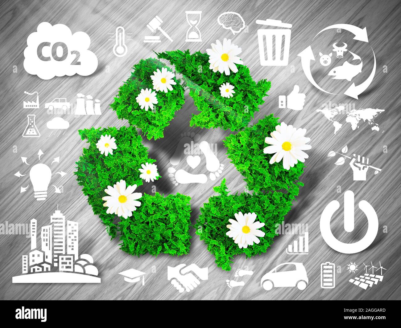 Réutilisez le signe vert gris sur fond de bois avec les icônes d'eco. 3D illustration. Banque D'Images