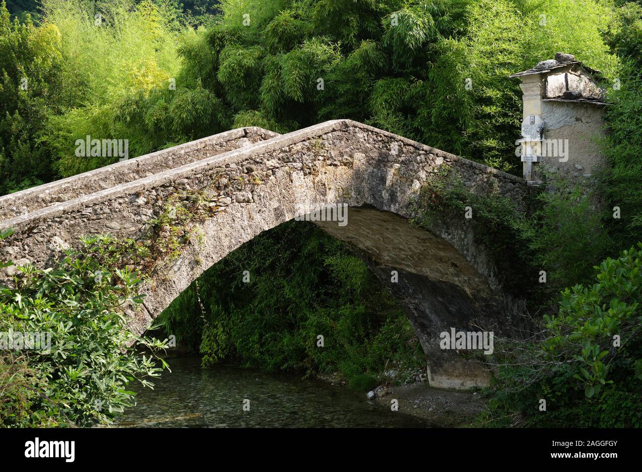 Un vieux pont en pierre à voie unique à travers un petit ruisseau de montagne dans les Alpes, près de Alpuan Monzone en Italie. Banque D'Images