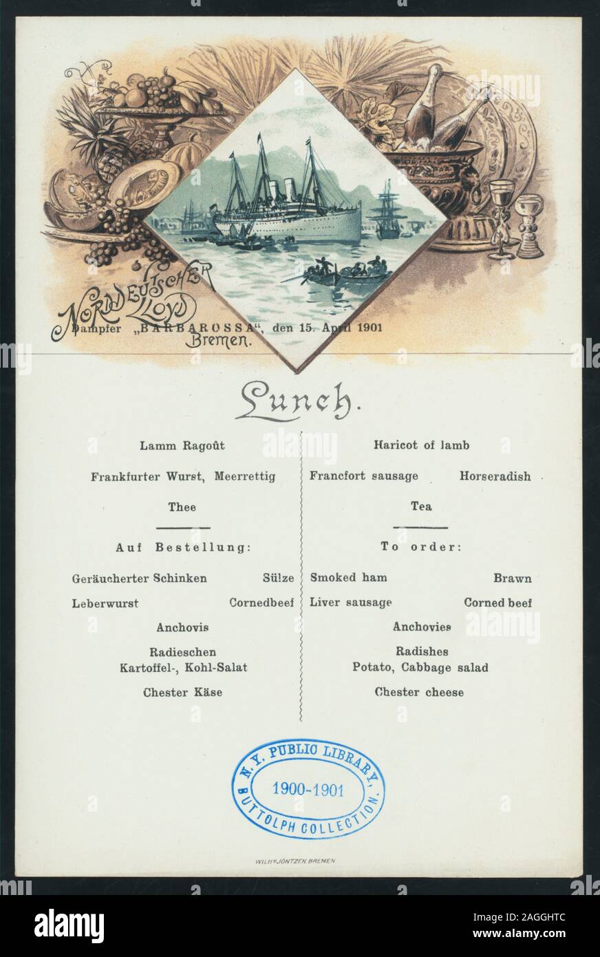 Allemand & ANGLAIS ; VAPEUR DE PORT, entouré par de plus petits bateaux ; BORDER DE NOURRITURE THÈMES : bouteilles de vin dans un seau à glace, des gobelets, des bols de fruits& Urnes ; Citation/Référence : 1901-0929 ; DÉJEUNER [détenus par la NORDDEUTSCHER LLOYD BREMEN] [at] DAMPFER BARBAROSSA (SS) ; Banque D'Images