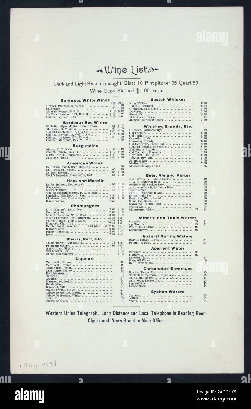 Carte chamois pâle avec GUIRLANDE FRONTIÈRE ET NOM DE L'hôtel imprimées en  rose ; CARTE DES VINS À PRIX ; NOTATION : ; WESTERN UNION TELEGRAPH, LONGUE  DISTANCE ET LOCALE DANS LA