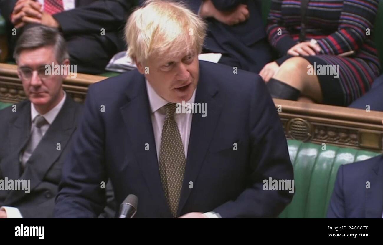 Premier ministre Boris Johnson au cours du débat à la Chambre des communes, à Londres, sur le discours de la reine. Banque D'Images