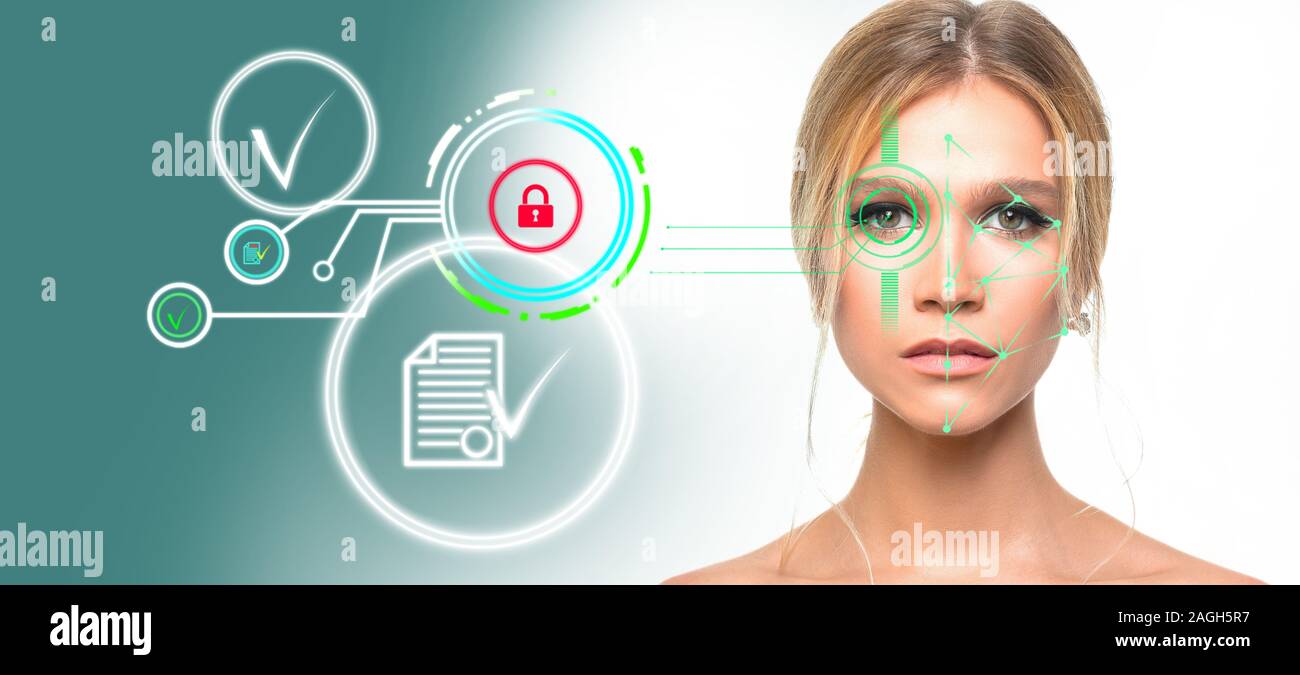 Sécurité id face sistem : une femme de son analyse par le système ID face. La sécurité numérique sistem concept Banque D'Images