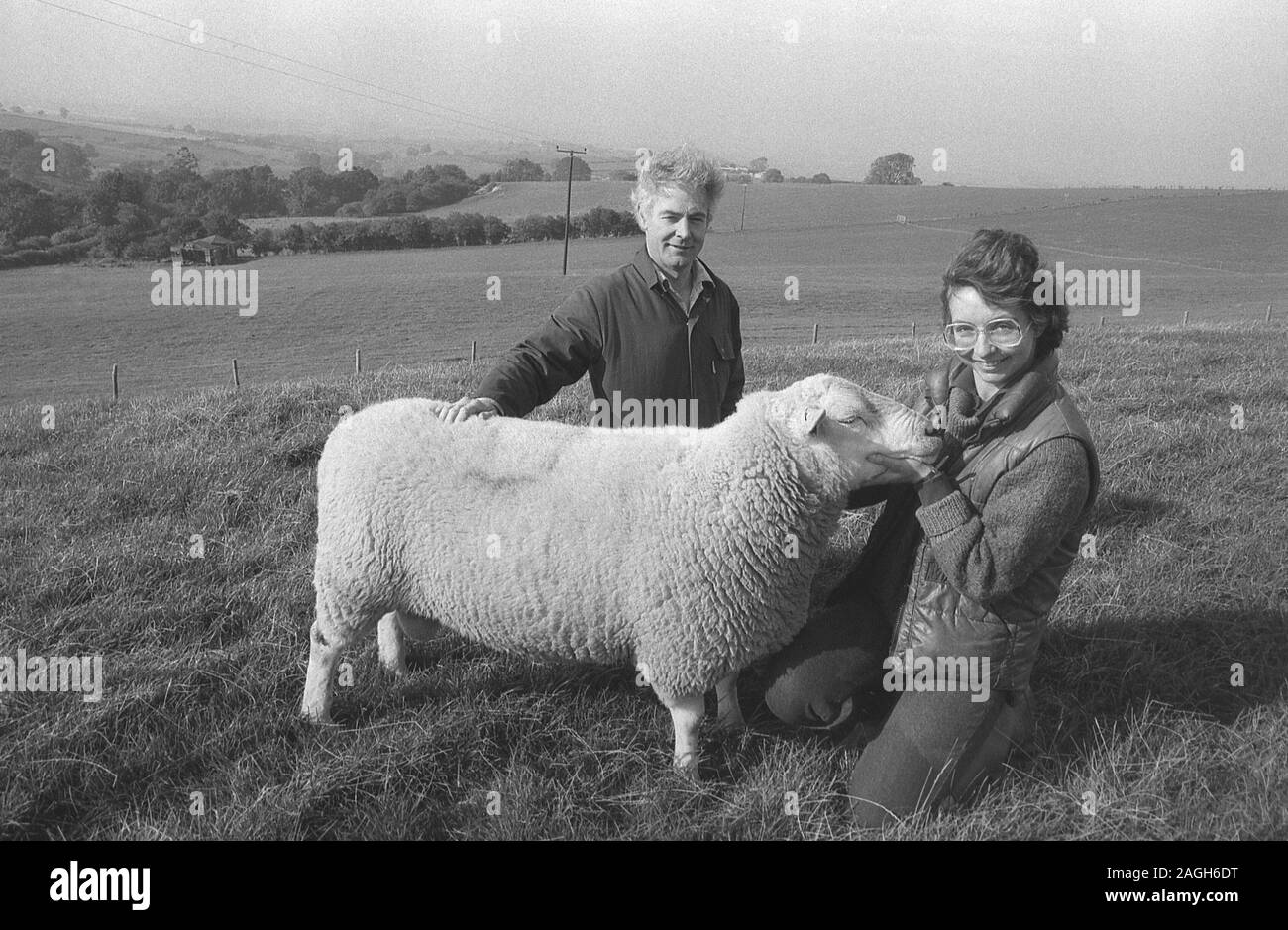 Années 80, l'agriculture, couple avec un de leurs moutons sur la colline, Yorkshire, Angleterre, Royaume-Uni. Banque D'Images