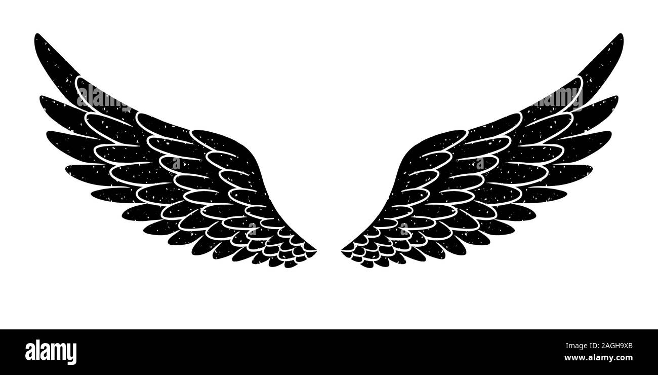 Oiseaux ou ange dessinés à la main grunge ailes de flopping texturées. Silhouette d'ailes dessinées à la main pour les imprimés de t-shirt, le motif de tatoo, l'affiche de style vintage. Illustration de Vecteur