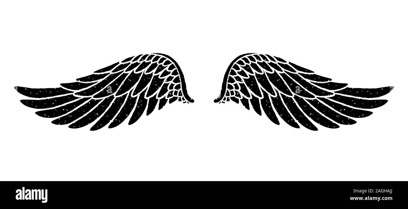 Oiseaux ou ange dessinés à la main grunge ailes de flopping texturées. Silhouette d'ailes dessinées à la main pour les imprimés de t-shirt, le motif de tatoo, l'affiche de style vintage. Illustration de Vecteur