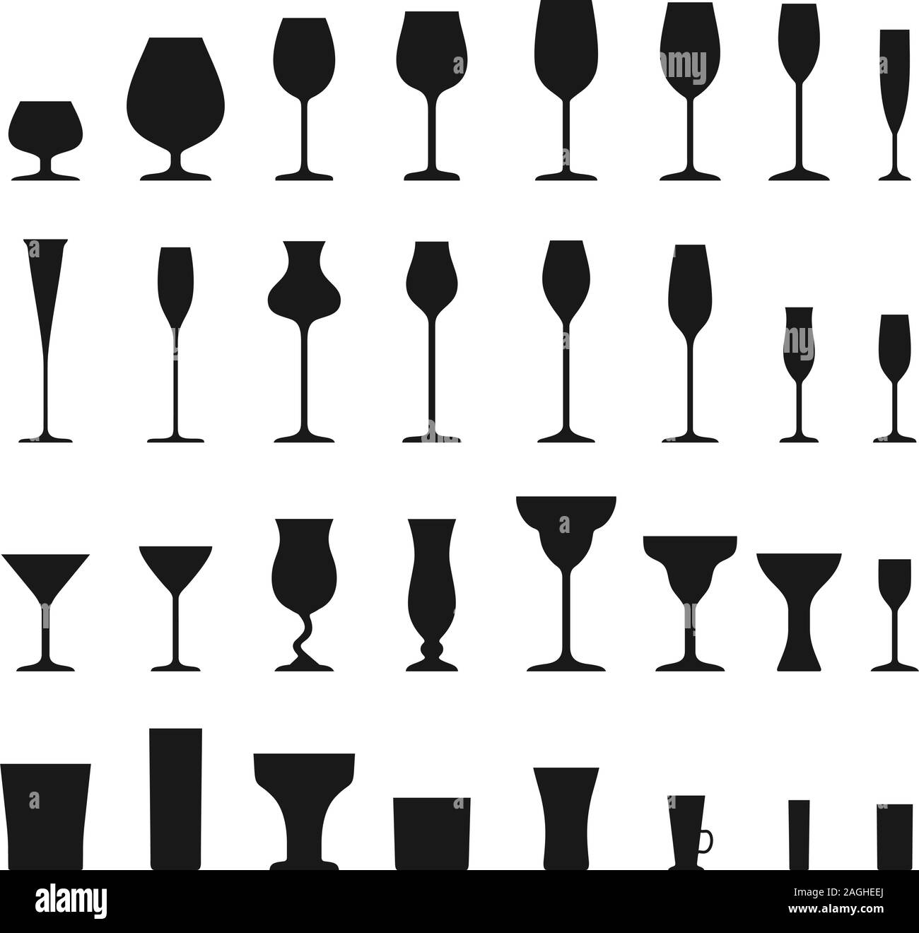 Jeu de silhouettes différents verres à vin isolé sur fond blanc. Vector illustration. Illustration de Vecteur