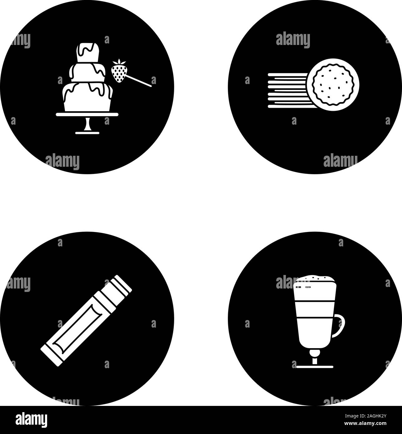 Glyphe de confiserie icons set. Fontaine de chocolat, sandwich biscuits, chewing-gum stick, latte macchiato. Vector silhouettes blanc illustrations de bla Illustration de Vecteur